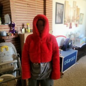 Red Puffer Jacket with Hood and Cropped Design